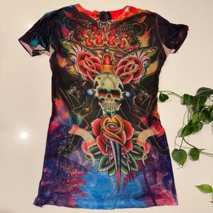 Vintage Y2K Christian Audigier Skull Panther Tattoo Graphic Tee Ed Hardy Era M